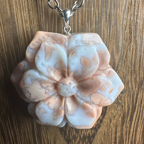 Pink Agate (“Cotton Candy Agate”) Flower Pendant on Stainless Steel Chain - Picture 5 of 14